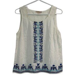 Skies Are Blue Size MP Floral Print Sleeveless Top Crocheted Embroidered Peasant